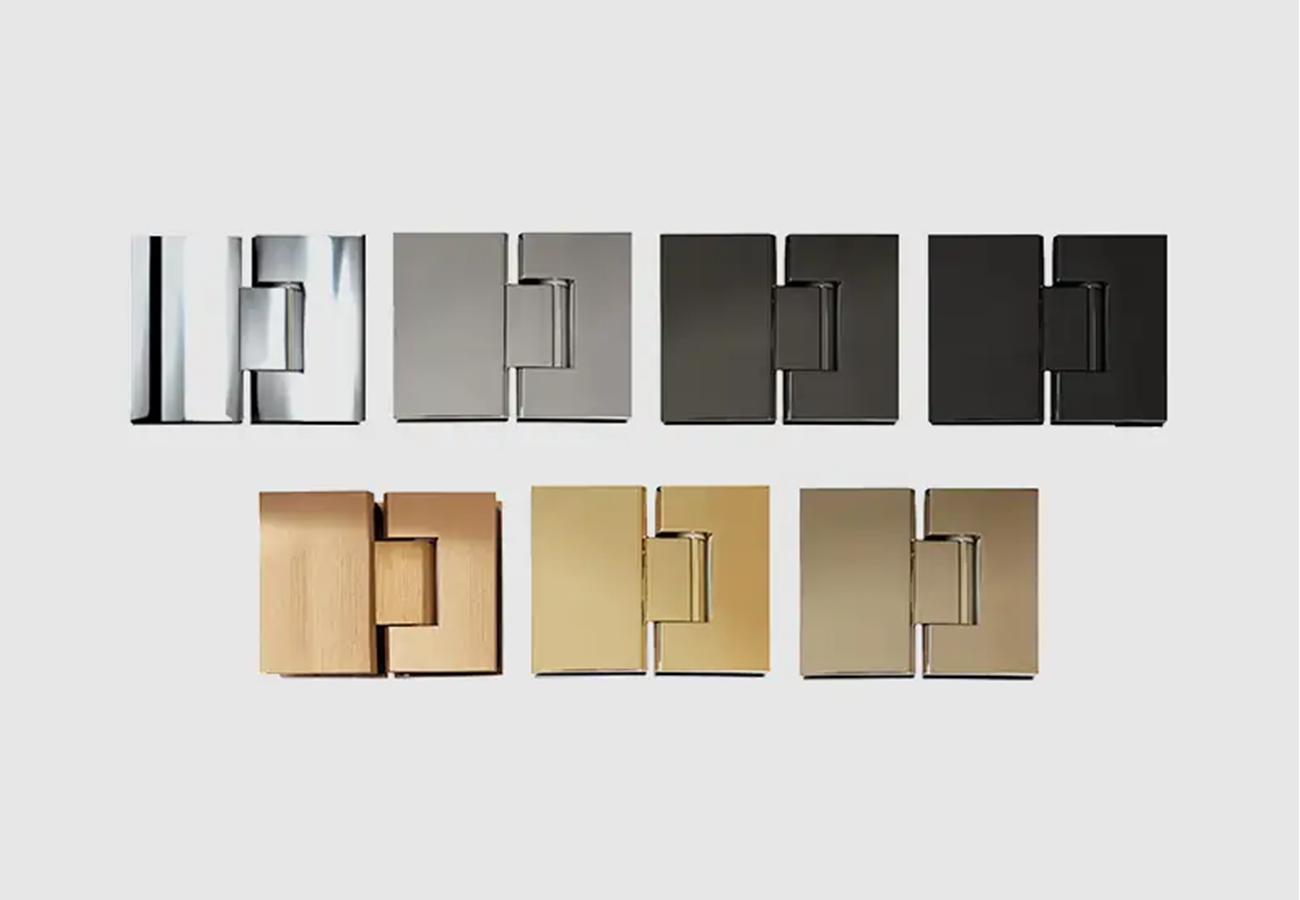 Close-up of frameless shower hinge